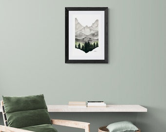 Aquarelle de montagne encadrée, art de la forêt de l'Oregon (21 x 29)