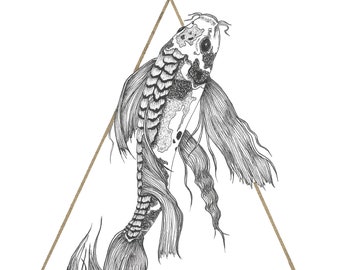 Impression d'art poisson koi porte-bonheur, illustration animalière feuille d'or