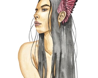 Femme amérindienne avec des ailes, aquarelle originale