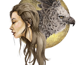 Aquarelle harpie avec feuille d'or, art animalier spirituel (11 x 14)