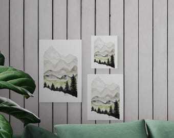 Impression de forêt de montagne brumeuse, paysage du nord-ouest du Pacifique, papier d'archives