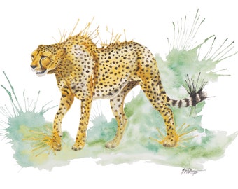 Original Cheetah Watercolor Painting, Safari Art (14x11)