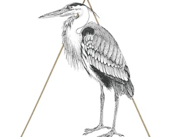 Illustration à la plume et à l'encre de héron, feuille d'or, oeuvre d'art encadrée