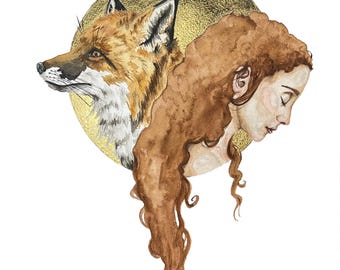 Impression d'art déesse renarde, totem animal feuille d'or, sagesse sauvage