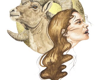 Aquarelle originale de mouton à grandes cornes avec feuille d'or