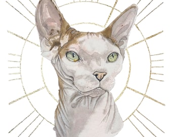 Portrait d'animal de compagnie personnalisé à l'aquarelle avec feuille d'or en option,