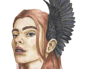 Aquarelle originale d'Aisling, ange, femme avec des ailes, plumes, corbeau, aquarelle, rêve