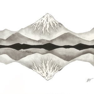 Placidity print, watercolor mountains, landscape, snow capped mountains, Alaska, Utah, mountain lake, mountain reflection, snowy mountains