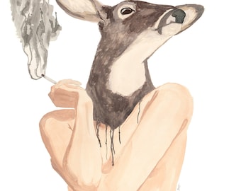 Deer Woman print, deer art, deer painting, watercolor animal, spirit animal art, animal lady, deer woman