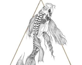 Illustration originale à la plume et à l'encre de carpe koï avec feuille d'or, encadrée