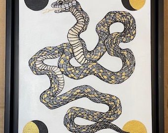 Peinture acrylique serpent lunaire, cadre noir, art de serpent (8 x 10)