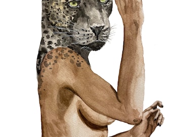 Black Jaguar Woman Print, Spirit Animal Art