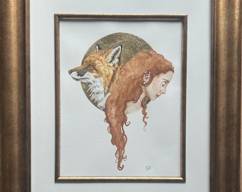 Peinture animalière Fox Spirit avec feuille d'or, passe-partout et cadre