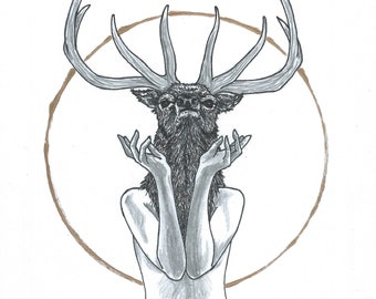 Impression de femme wapiti, art de la déesse animale de l'âme