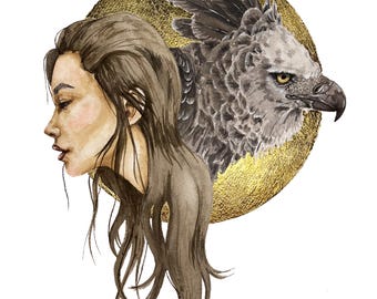 Impression de harpie harpie, oeuvre d'art femme et oiseau, guide des animaux spirituels