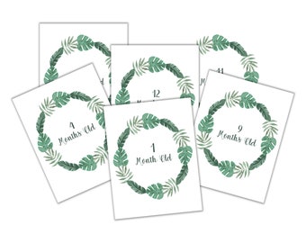 Tropical Leaf Monthly Milestone Cards, Baby Photo Props (Digital Download)