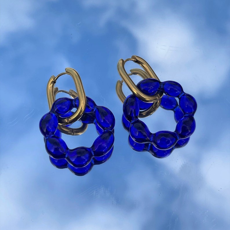Handmade upcycled stained glass and hoop earrings in Silver and Gold Halo in Klein blue gold cubic hoops