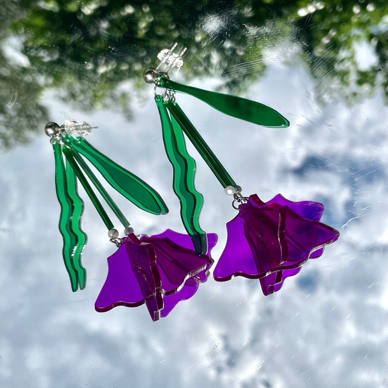 Oversized quirky acrylic lasercut Earrings Tulips 005 Violet image 1