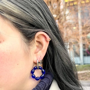 Handmade upcycled stained glass and hoop earrings in Silver and Gold Halo in Klein blue image 3