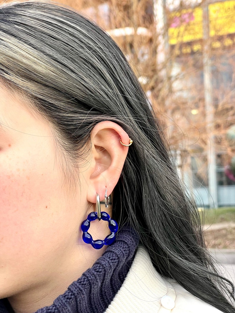 Handmade upcycled stained glass and hoop earrings in Silver and Gold Halo in Klein blue image 3