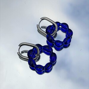 Handmade upcycled stained glass and hoop earrings in Silver and Gold Halo in Klein blue silver cubic hoops