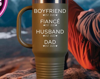 Boyfriend Fiance Husband Dad Est Travel Mug, Pregnancy Reveal, Announcement Gift, Personalized New Daddy Tumbler, Baby Real, New Dad Gift