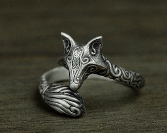 Anillo de zorro de plata de ley 925, joyería de zorro plateado, anillo de animal, anillo de vida salvaje, regalo para ella