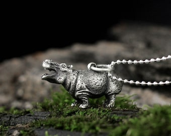 Handgemachte Nilpferd 925 Sterling Silber Anhänger - Tier Halskette