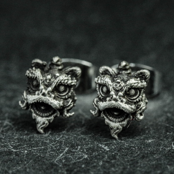 925 sterling silver lion dance earrings, Chinese style lion dance jewelry, lion earrings, animal earrings, lucky earrings - handmade