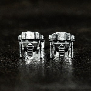 Sci-fi strange helmet mask earrings, warrior mecha men's jewelry, space age, futurism, silver helmet earrings, custom cool earring jewelry