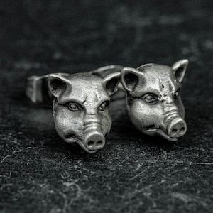 Sterling silver pig head earrings, pig head earrings, piglet, boar, zodiac pig earrings, farm animal earrings, unisex jewelry gifts