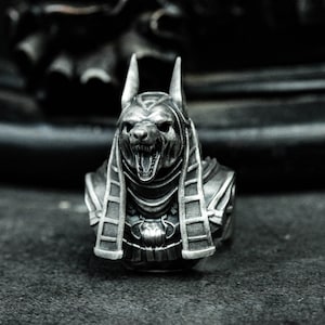 K&ouml;nnte beinhalten: Detaillierte, silberfarbene Anubis-B&uuml;ste, die die schakal-k&ouml;pfige Gottheit mit offenem Mund und scharfen Z&auml;hnen zeigt. Die B&uuml;ste weist aufwendige Details im Kopfschmuck und Kragen auf, vor einem dunklen Hintergrund. Wahrscheinlich ein Dekorationsartikel oder Schmuck.