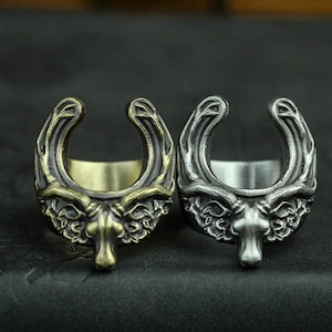 Stag head ring, deer jewelry, U-shaped horseshoe ring, antler ring - deer stage ring, fawn ring, gothic style antler ring