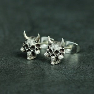 Three Skull Earrings, Devil Horns Skull Silver Stud Earrings, Gothic Skull Jewelry - Handmade 925 Sterling Silver Unique Gift
