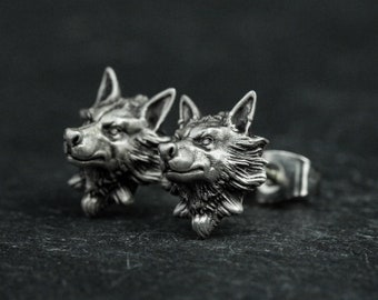 boucles d'oreilles tête de loup en argent sterling, boucles d'oreilles tête de loup, boucles d'oreilles loup, boucles d'oreilles loup sauvage, boucles d'oreilles animal sauvage, cadeaux pour hommes