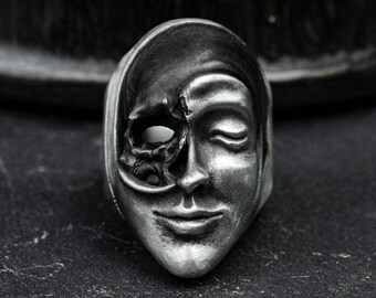 925 Anillo facial Yin Yang de plata esterlina, Anillo facial de media calavera, estilo Art Deco, Anillo de doble calavera, Anillo de hombre, Regalo para él - Hecho a mano