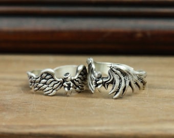 Engelen en demonen 925 zilveren ring, gotische engelpaarring, verstelbare handgemaakte zilveren ring - handgemaakt