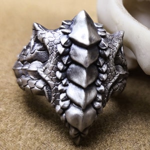 May include: A silver dragon ring with a detailed, textured design. The ring features a dragon's head and scales.