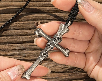 925 sterling silver cross kul pendant necklace, gothic cross skull pendant, skull silver pendant, men's necklace - handmade