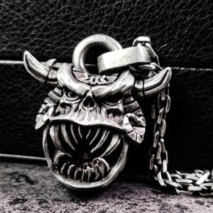 Punk demon pendant necklace, rare vampire necklace, satanic devil pendant, ghost necklace with horns, men&#39;s silver demon pendant