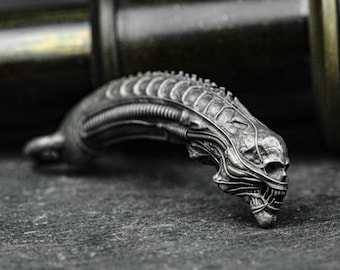 Sterling Silver Alien Skull Pendant Necklace: Steampunk Jewelry Gift