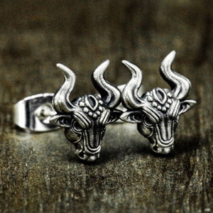 Bull head silver earrings, Persian style silver jewelry - bull head jewelry - bull skull - Taurus jewelry gifts - men's bull silver earrings