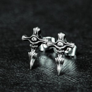 Evil Eye Earrings - -Catholic Cross Earrings, Spine Human Anatomy Rib Earrings - Arrow Chain Blade Oxidized Silver Jewelry