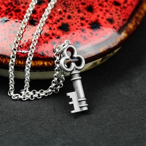 Silver antique key pendant necklace - brass key and keyhole of lock, key and door to happiness. Key pendant gift of love