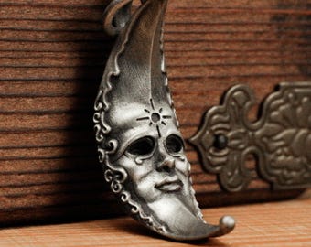 Venetian Mask Pendant: Silver Crescent Moon Necklace, Carnival Jewelry