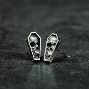 Coffin skull earrings-Gothic earrings-Men's gifts-Halloween gifts-Geometric abstract earrings-Women's silver earrings
