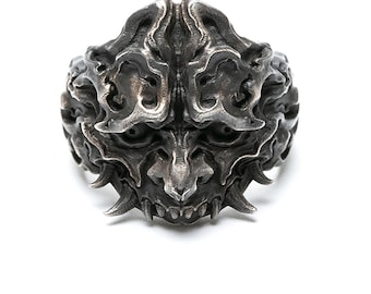 Anillo de plata de ley con la máscara samurái de Prajna Demon hecho a mano