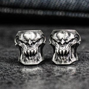 Orc totem earrings, intimidation mask earrings, demon face earrings, silver men's earrings, badge shield earrings