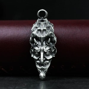 Devil pendant with horns, evil smiling ghost face, satan pendant, satan silver necklace black devil horns skull hell artisan horror gift