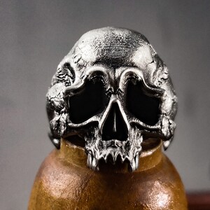 925 Sterling Silver Skull Ring | Hand-Carved Men&#39;s Skull Ring, Brass Ghost Ring, Satanic Cutoff, Horror Ring Gift